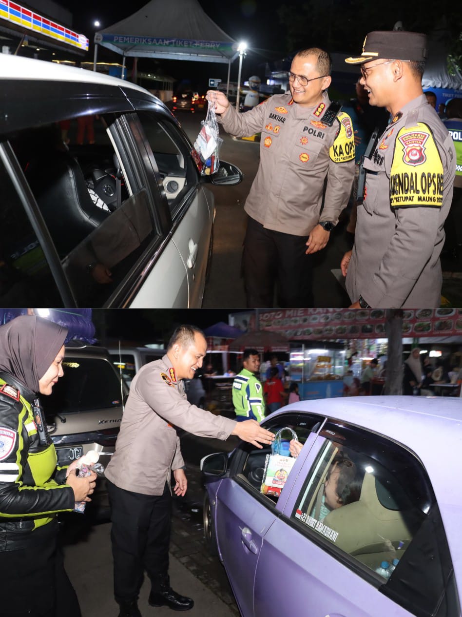 Agar Mudik Ceria, Kapolresta Tangerang Bagikan Bingkisan Makanan kepada Pemudik yang Menuju Merak