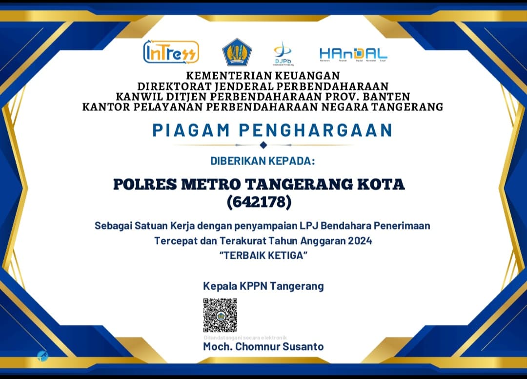 Polres Metro Tangerang Kota Raih Dua Penghargaan, IKPA Sangat Baik dan LPJ 2024 Terbaik Ketiga