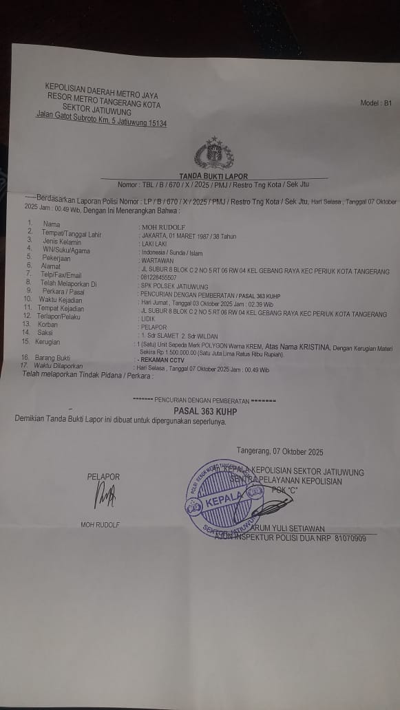 Diduga Dicuri, Polsek Jatiuwung Tangani Laporan Kehilangan Sepeda Milik Ayah Kabid Humas FWJ Indonesia