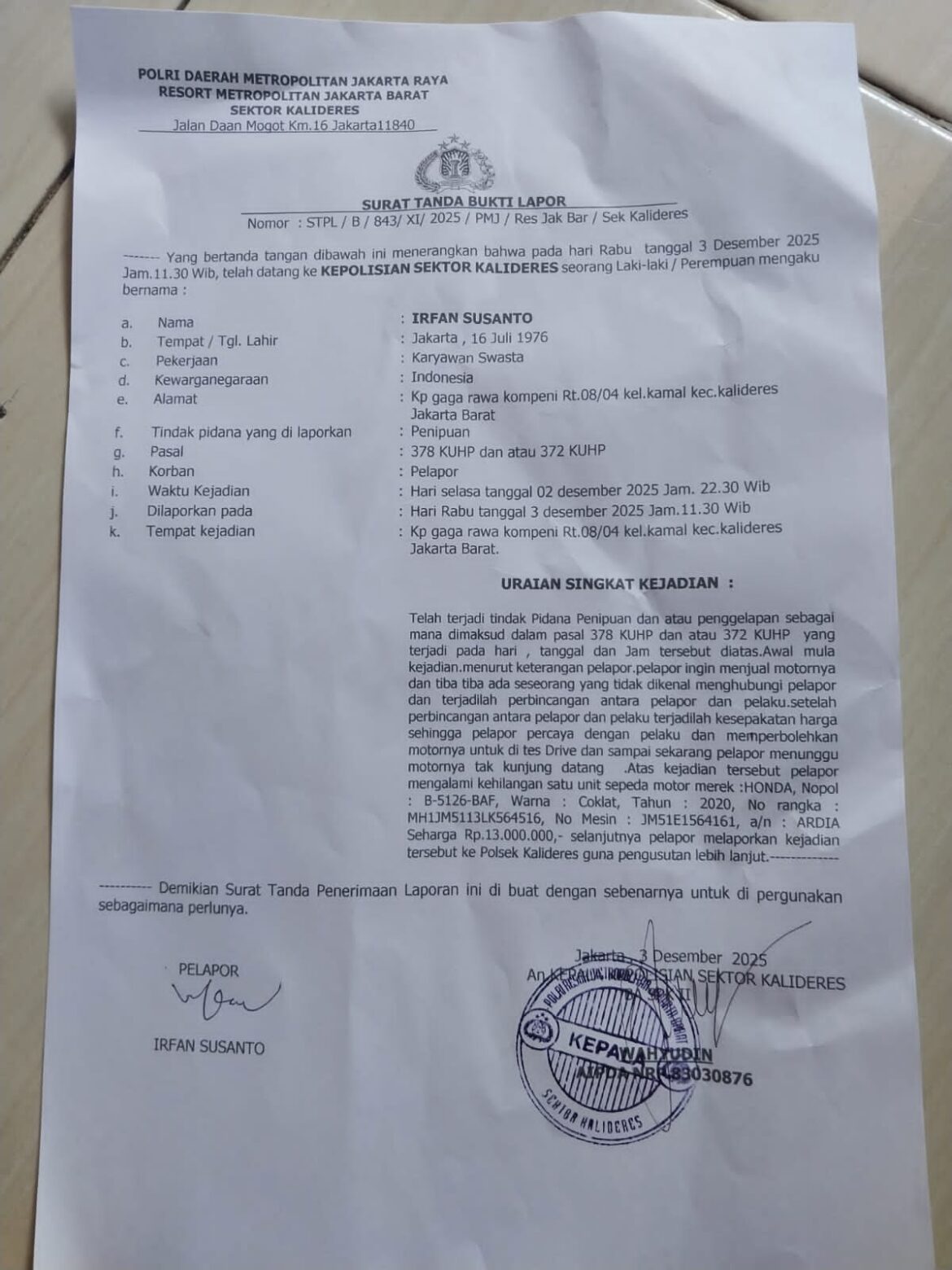 Modus Pura Pura Test Drive, Pelaku Curanmor Bawa Lari Motor Milik Penjual di Kamal Kalideres Jakarta Barat